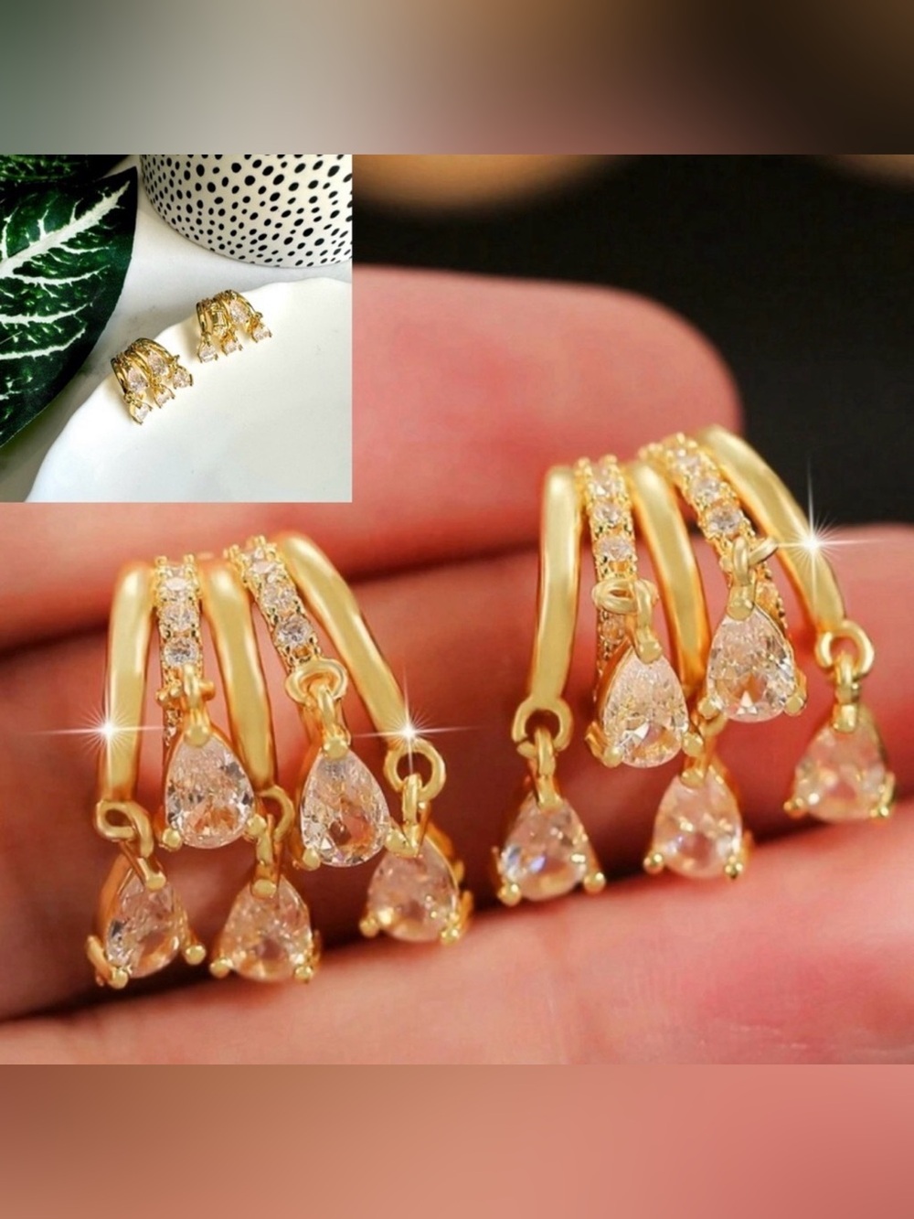 2/$30🌵 Gold Teardrop CZ Rhinestones Earrings Bling Hoop Huggies NEW Jewelry